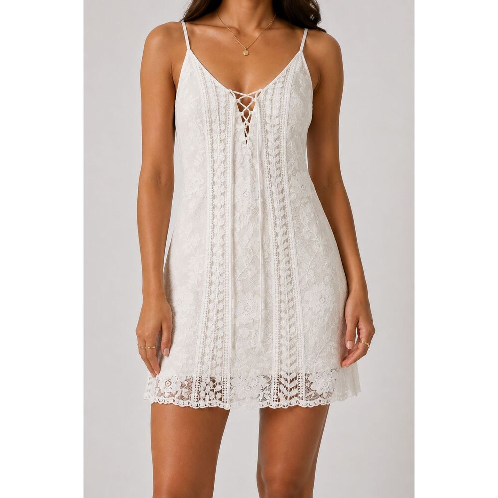 ASTR The Label Romantic Lace Mini Dress Ivory Embroidered Festival Bridal S